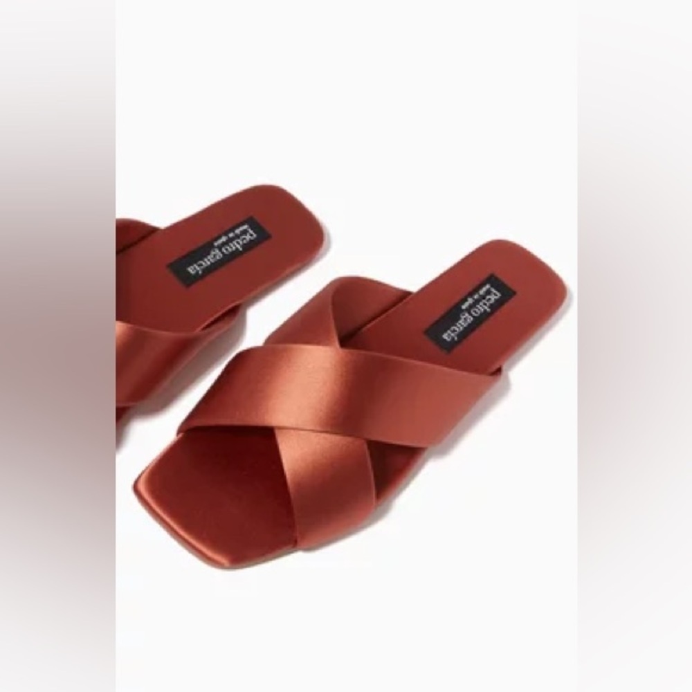 Pedro Garcia Rare Kendy Slide Sandals in Copper Sienna Silk Satin, size 38